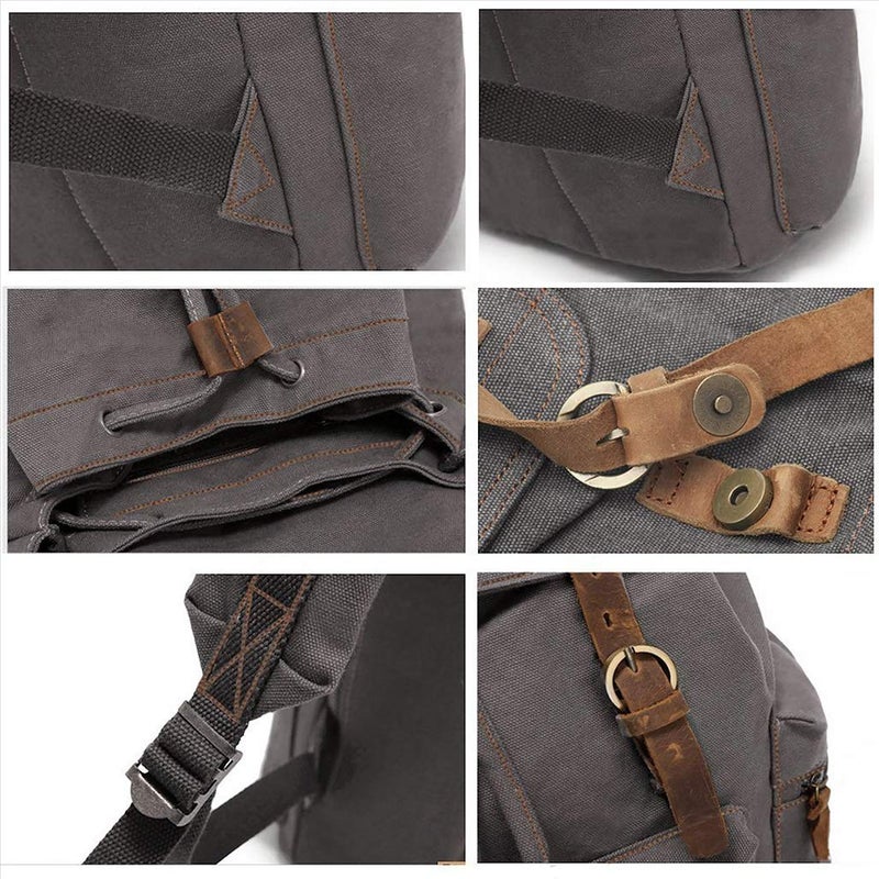 HuaChen Vintage Canvas Backpack with Leather Accents â€“ Durable Travel Rucksack for Hiking, Camping, and Everyday Use â€“ Men and Women M32-Gray-L - Image 5